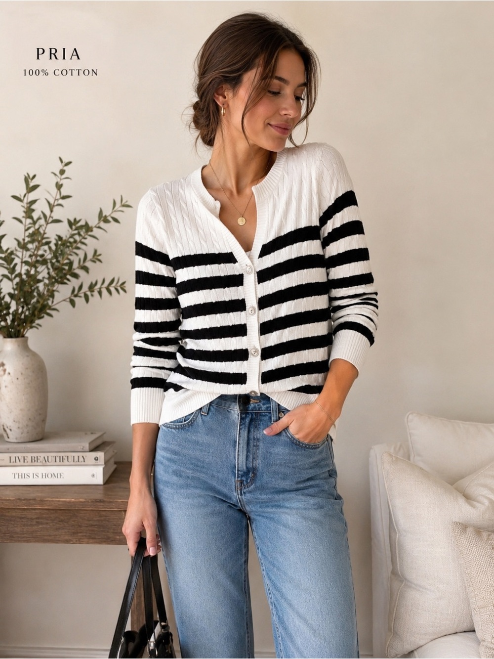 Vintage Pria Black White Striped Cable Knit Cardigan 100% Cotton Size S